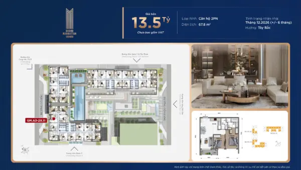 CĂN HỘ 2PN 67.8M2 GIÁ 13.5 TỶ